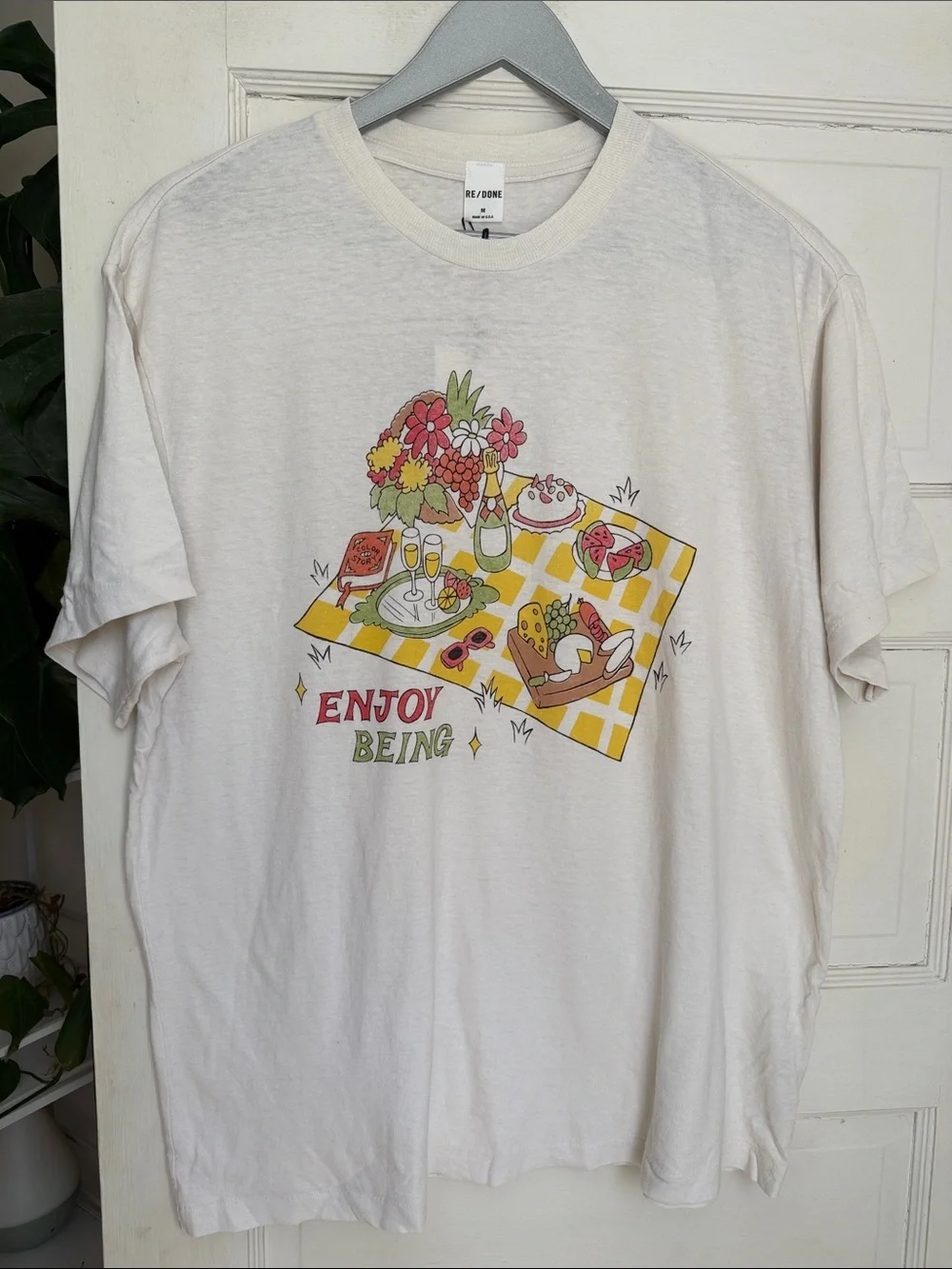 Re/Done Cream Picnic Graphic Tee with Yellow and Red Print - Picture 2 of 7